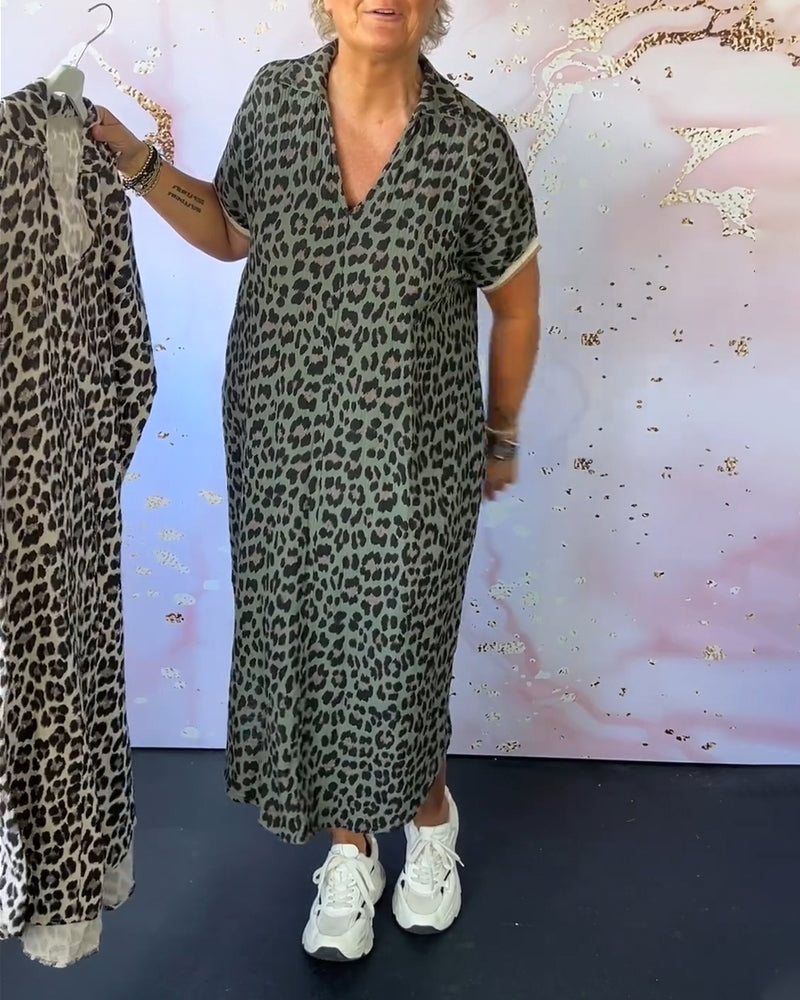 Short-Sleeved V-Neck Leopard Print Dress