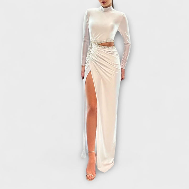 White Long Sleeve Dress with Waist Cutout and Rhinestone Accents