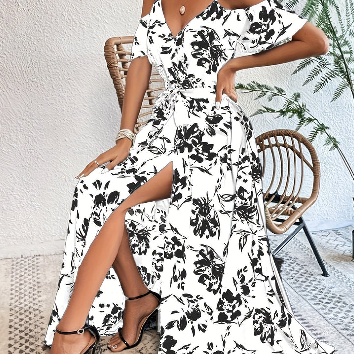 Women's Belt Waist High Slit Floral Print Dress