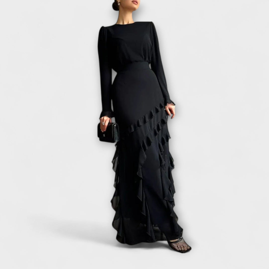 Slim Fit Long Dress with Three-Dimensional Ruffles