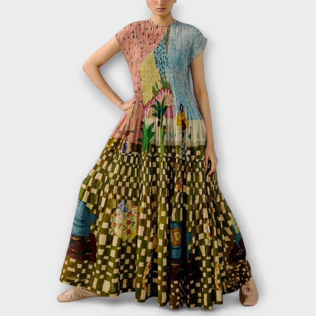 Pleated Dress with Animal Print