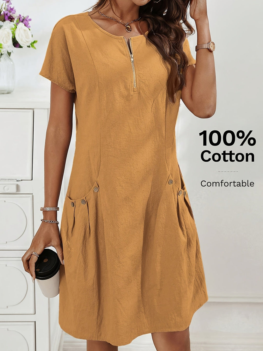 Women's Short Sleeves Zip Neck Summer Casual Dress