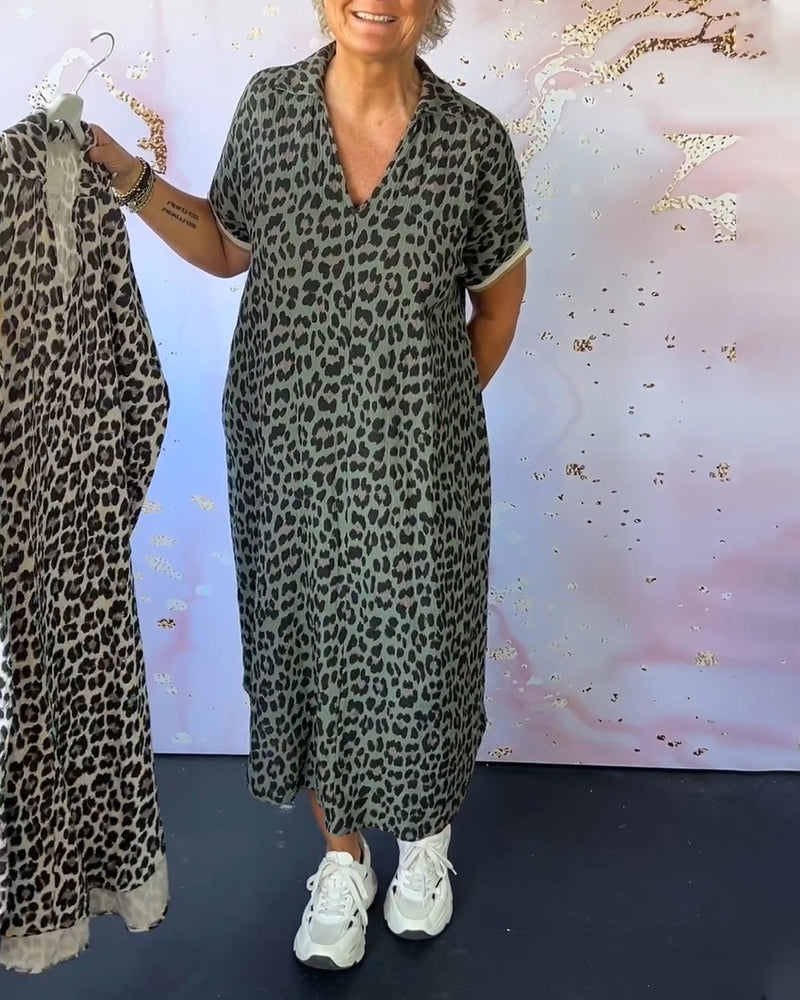 Short-Sleeved V-Neck Leopard Print Dress