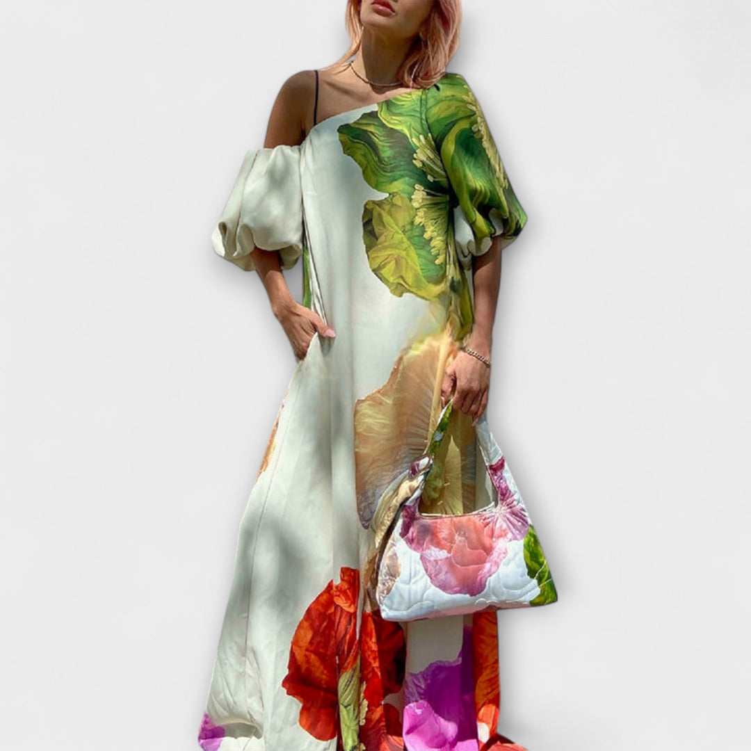Maxi Dress with Floral Print, Asymmetrical Neckline, and Puff Sleeves