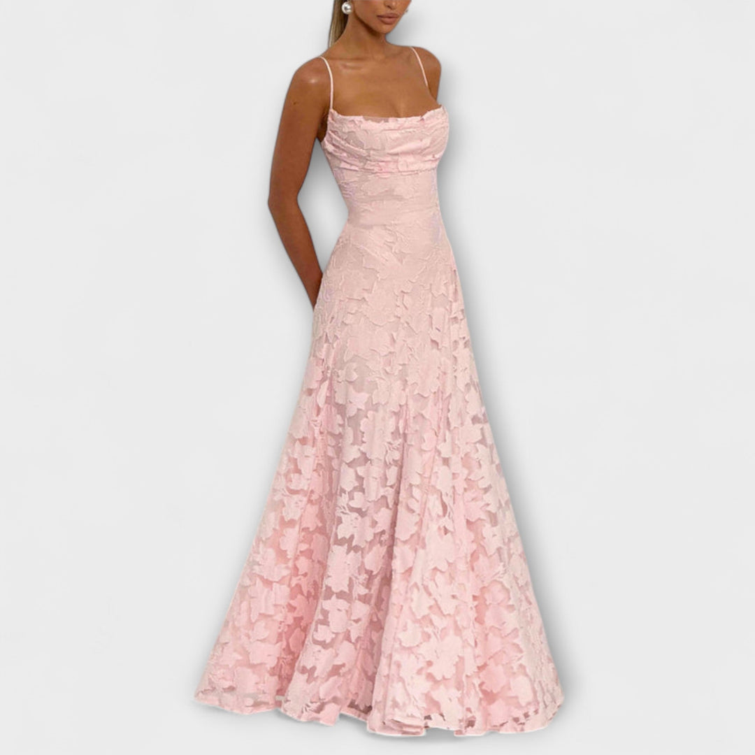 Stylish Floral Lace Maxi Dress with Spaghetti Straps