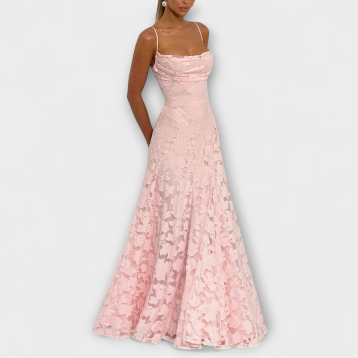 Stylish Floral Lace Maxi Dress with Spaghetti Straps