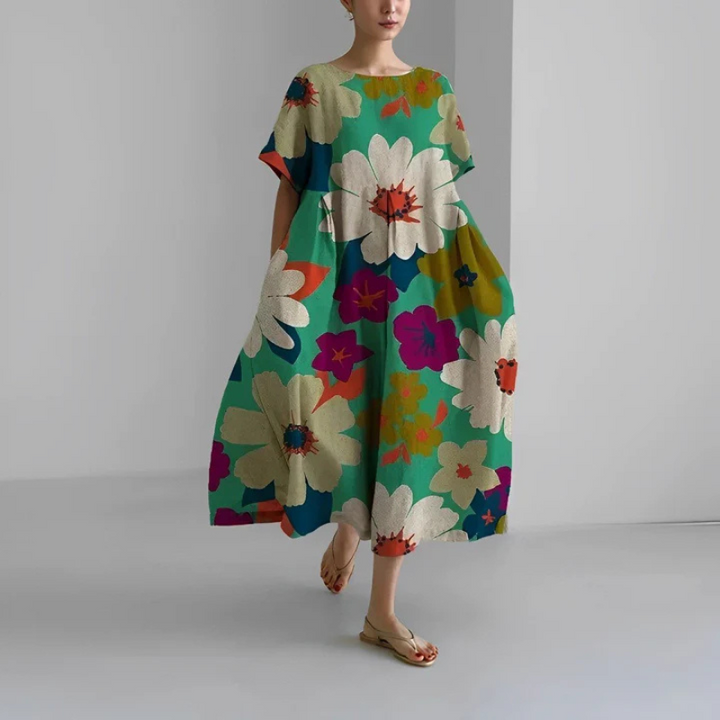 Women's Round Neck Short Sleeve Summer Floral Dress | Midi