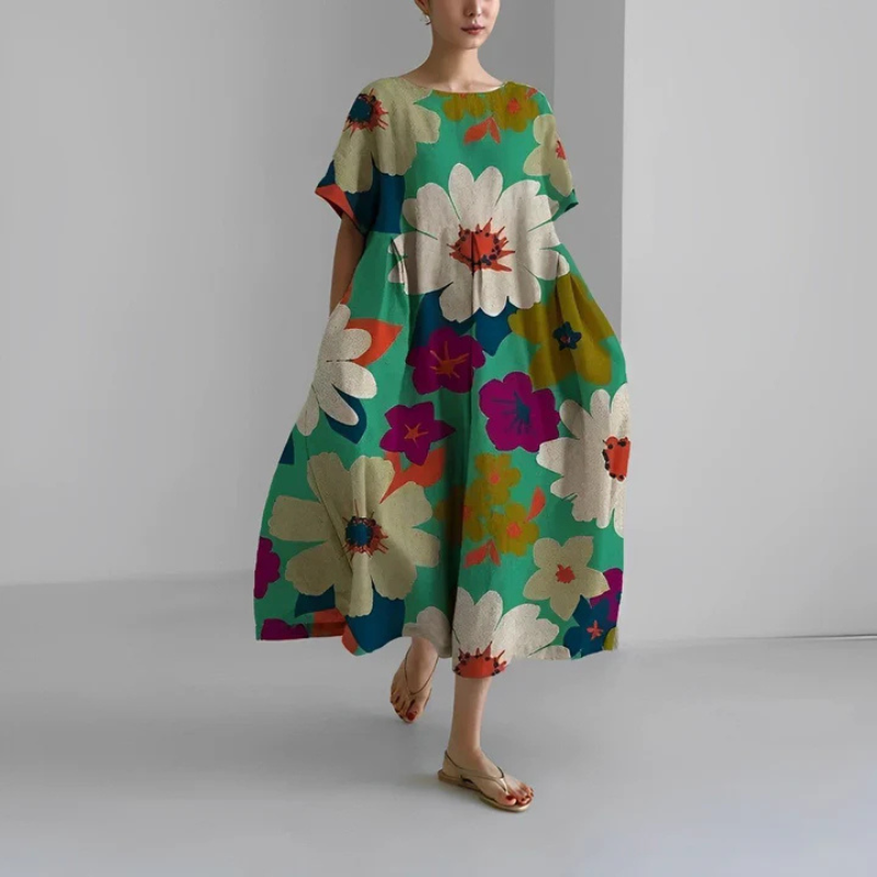 Women's Round Neck Short Sleeve Summer Floral Dress | Midi