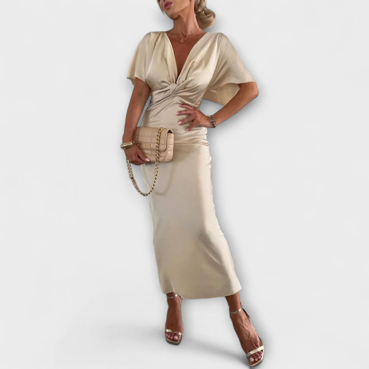 Solid Satin V-Neck Cross Knot Slim Fit Maxi Dress