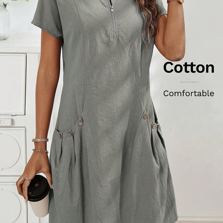 Women's Short Sleeves Zip Neck Summer Casual Dress