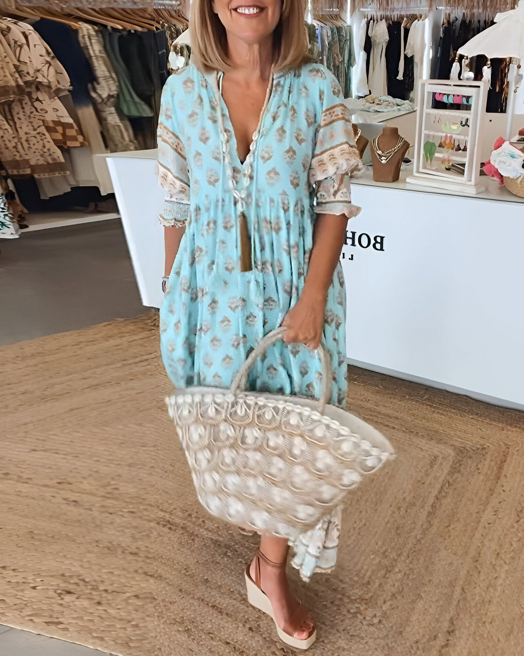 Women's V Neck 3/4 Sleeves Boho Style Dress | Maxi