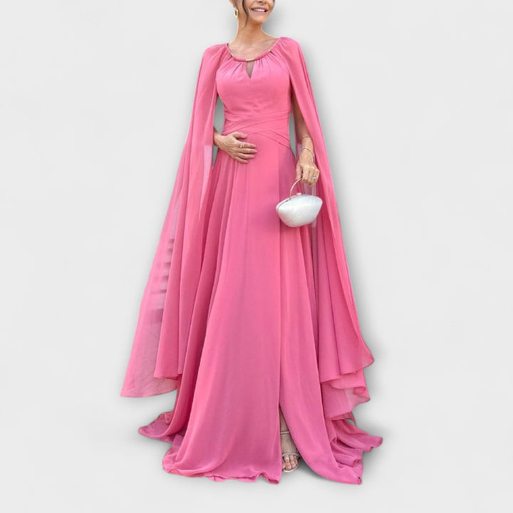 Elegant Maxi Dress with Cape Sleeves and High Slit