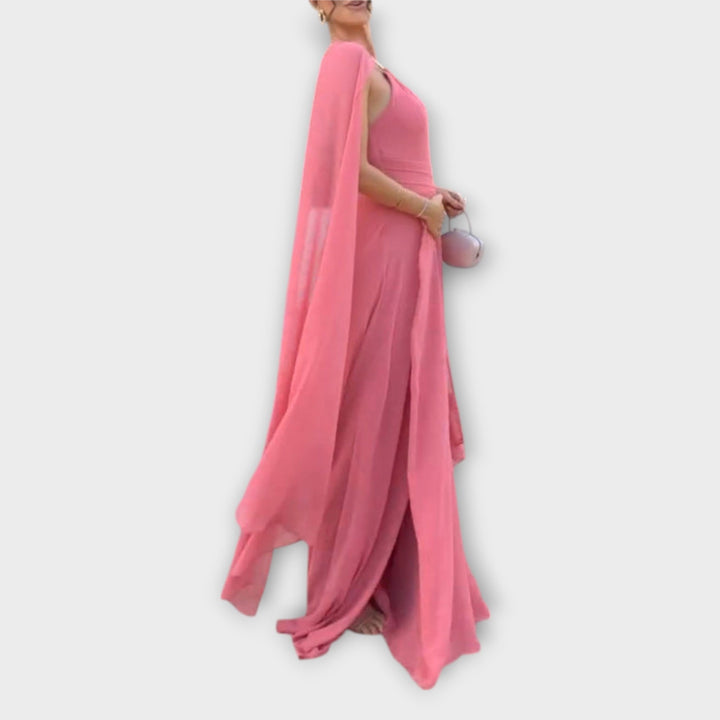 Elegant Maxi Dress with Cape Sleeves and High Slit
