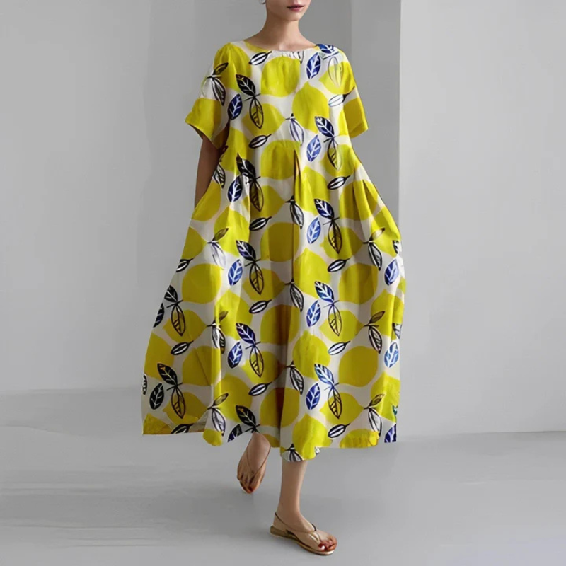 Women's Round Neck Short Sleeve Summer Floral Dress | Midi