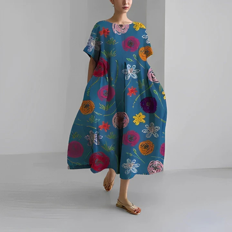 Women's Round Neck Short Sleeve Summer Floral Dress | Midi