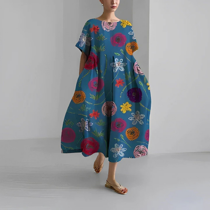 Women's Round Neck Short Sleeve Summer Floral Dress | Midi