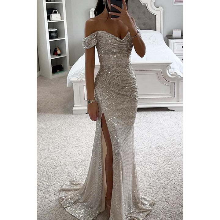 Women's Off Shoulder Wedding Guest Dress with High Slit | Maxi