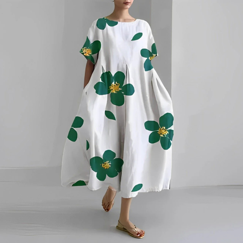 Women's Round Neck Short Sleeve Summer Floral Dress | Midi