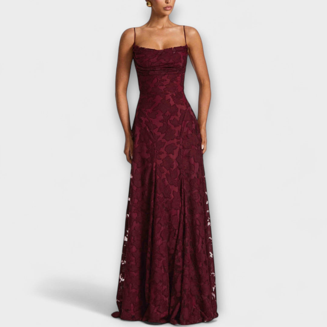 Stylish Floral Lace Maxi Dress with Spaghetti Straps