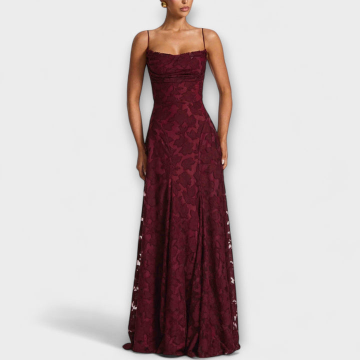 Stylish Floral Lace Maxi Dress with Spaghetti Straps