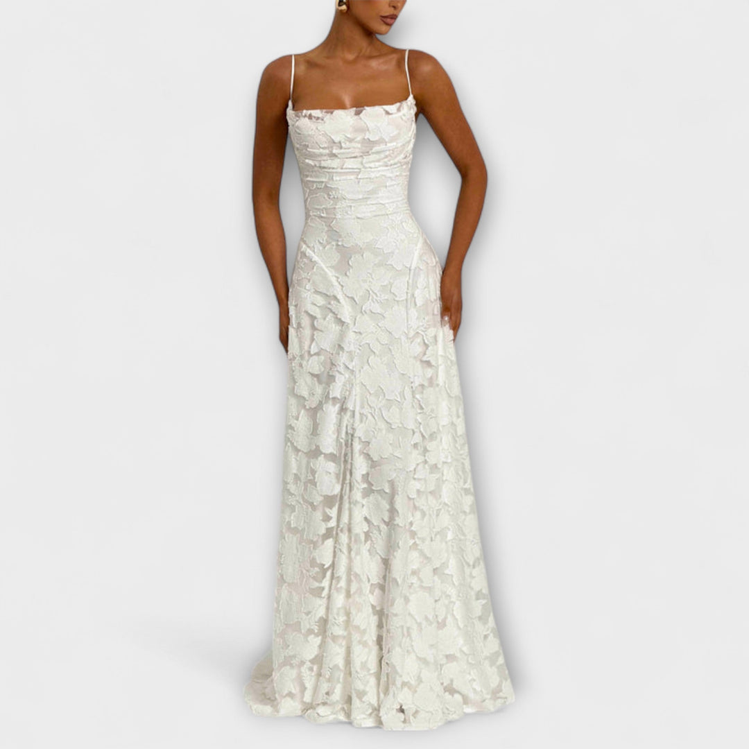 Stylish Floral Lace Maxi Dress with Spaghetti Straps
