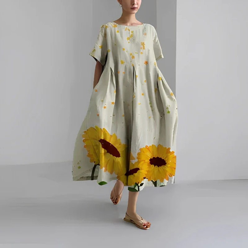Women's Round Neck Short Sleeve Summer Floral Dress | Midi