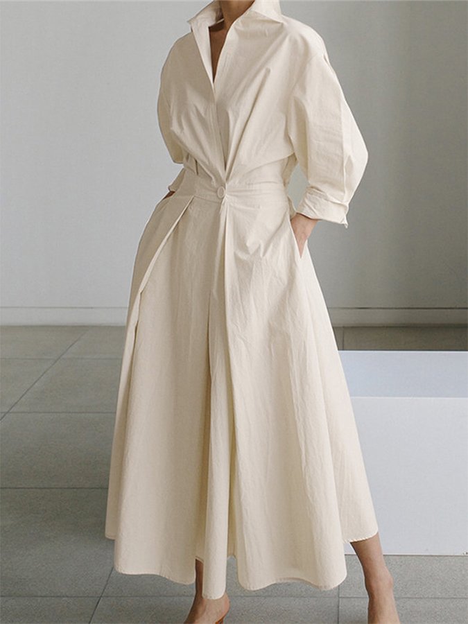 Women's Long Sleeve Formal Dress with Collar | Midi