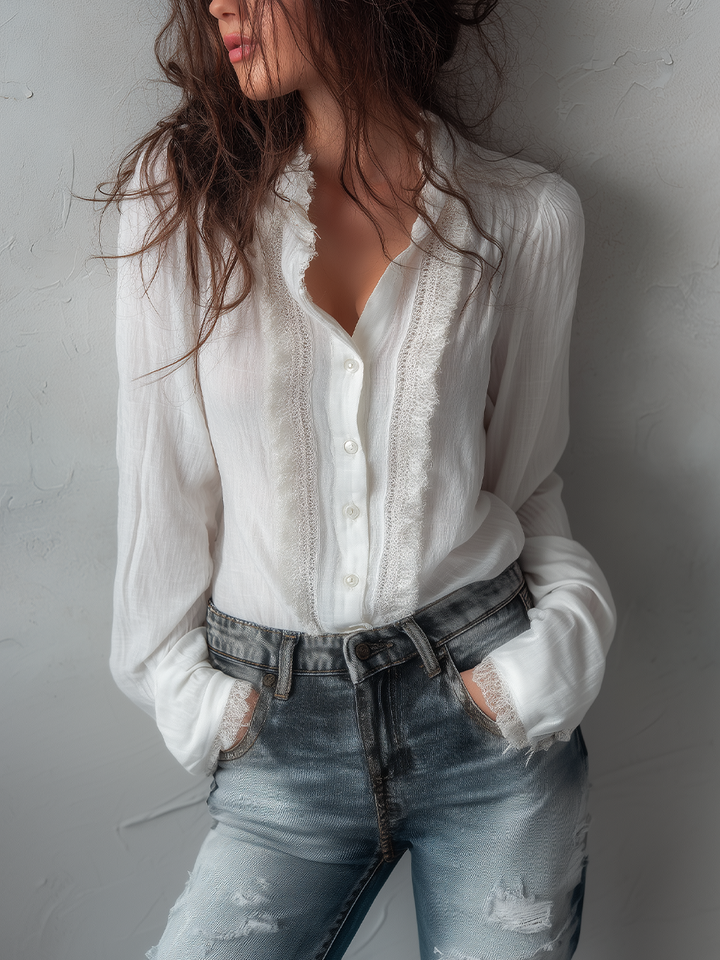 Vintage Lace Trim Long Sleeve Cotton Blouse