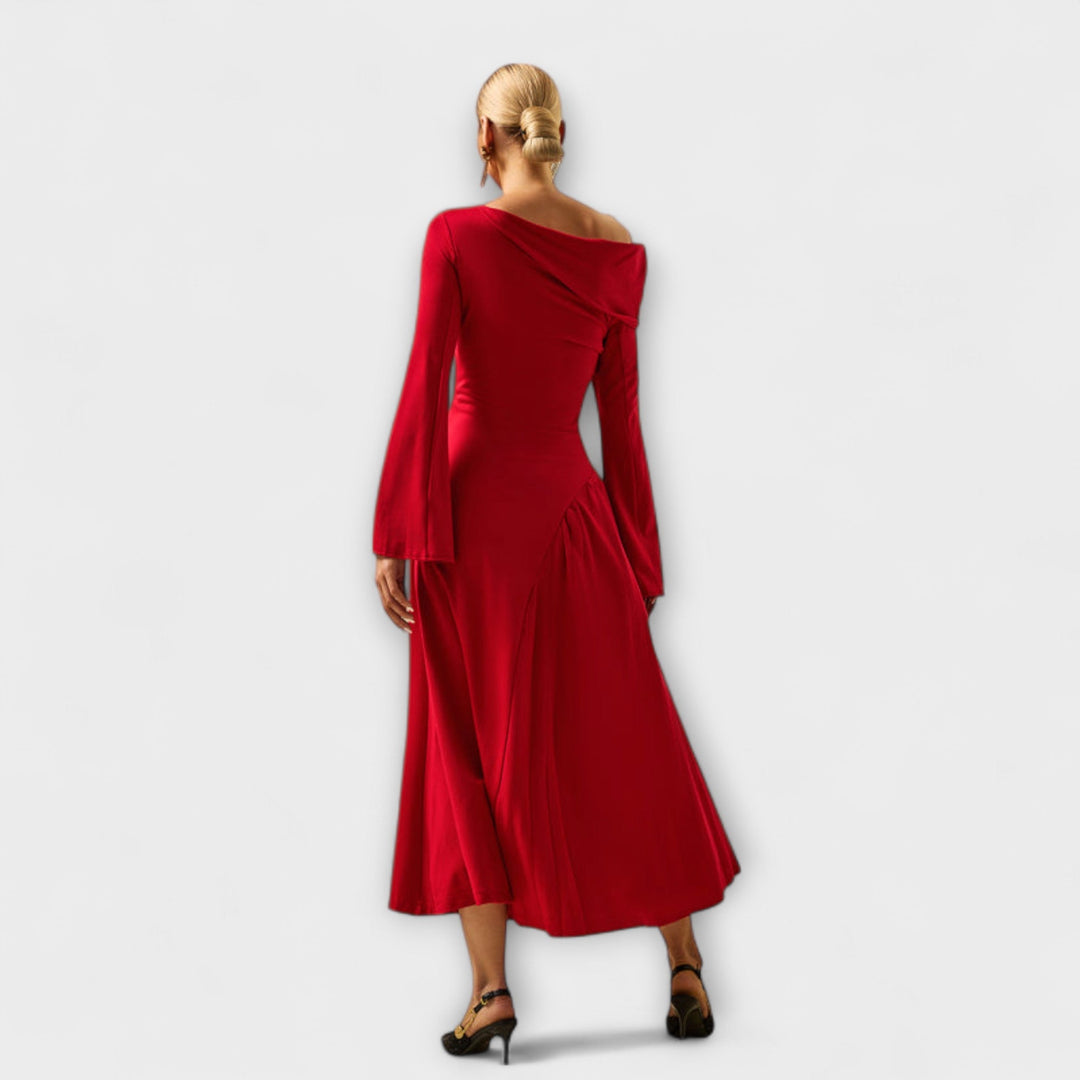 Off-Shoulder Midi Dress with Gathered Balloon Sleeves
