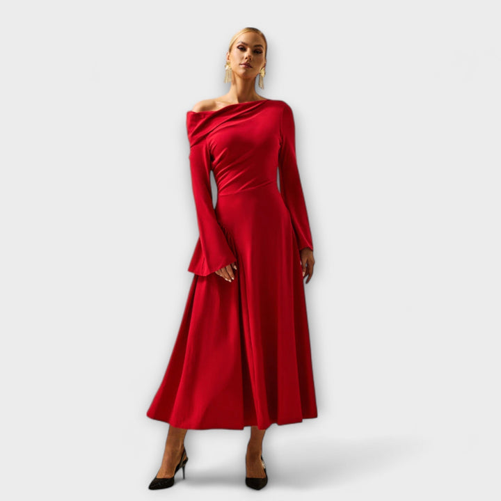 Off-Shoulder Midi Dress with Gathered Balloon Sleeves