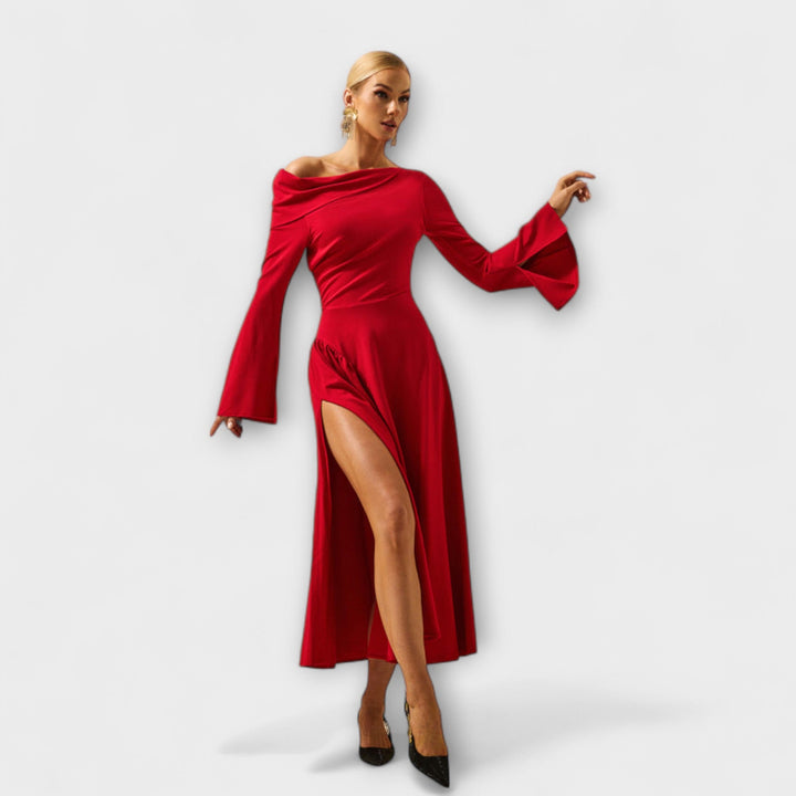 Off-Shoulder Midi Dress with Gathered Balloon Sleeves