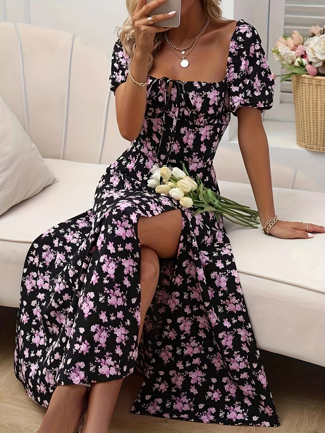 Women's Square Neck Floral Printed High Slit Dress