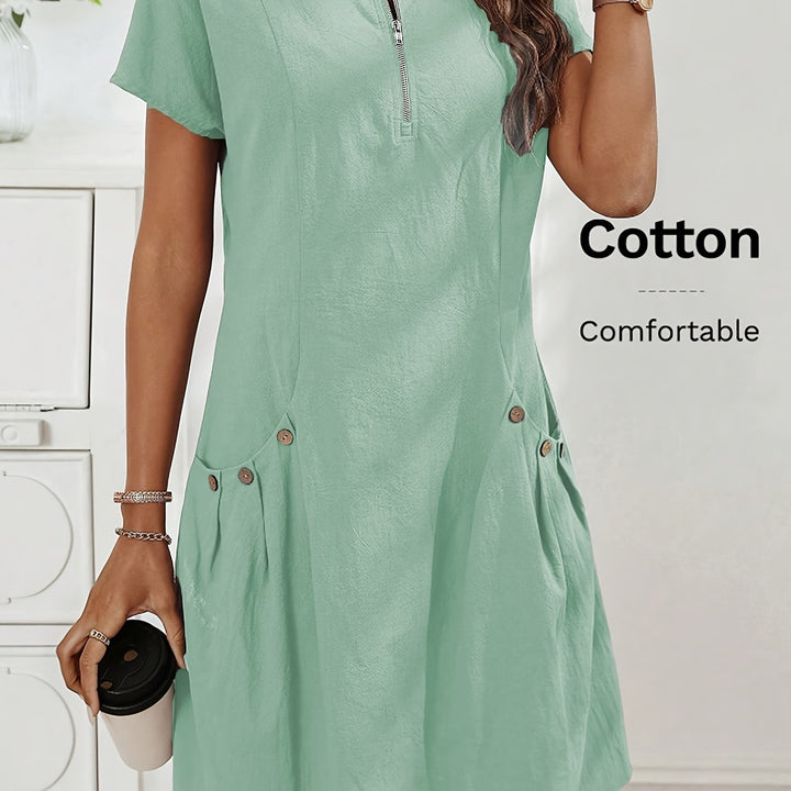 Women's Short Sleeves Zip Neck Summer Casual Dress