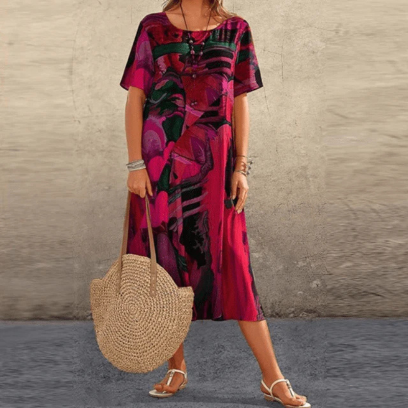 Women's Round Neck Printed Summer Dress | Midi
