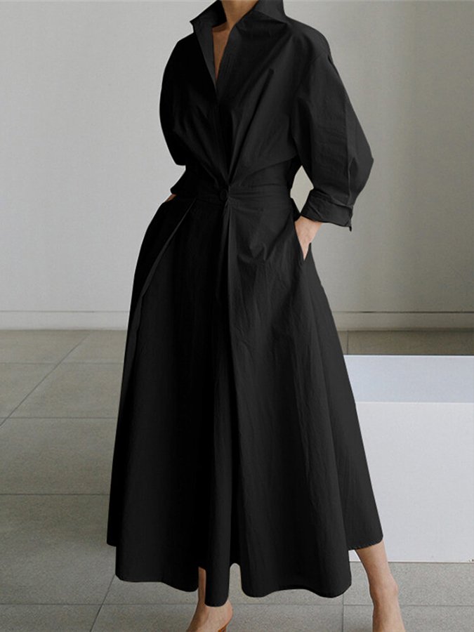 Women's Long Sleeve Formal Dress with Collar | Midi