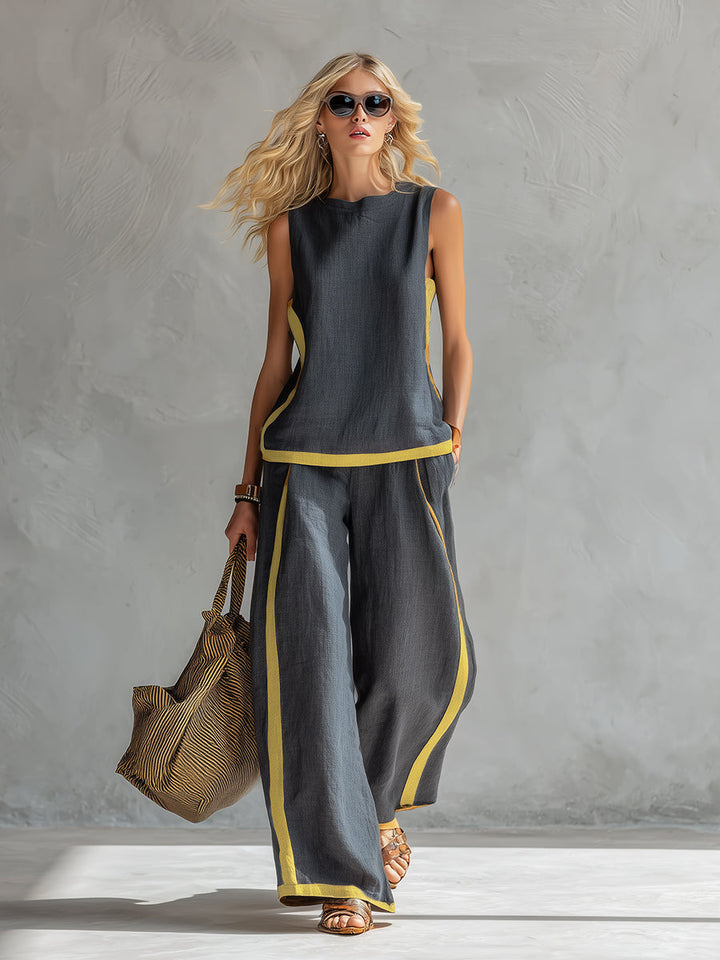 Leila - Elegant and casual vest and pants set in gray cotton and linen with two-tone edges.