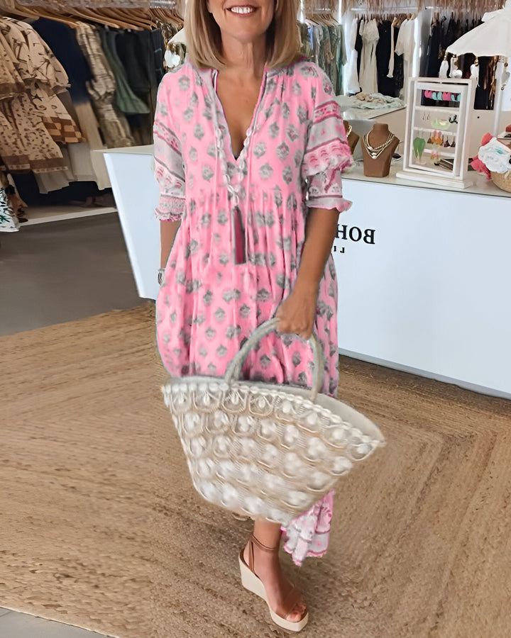 Women's V Neck 3/4 Sleeves Boho Style Dress | Maxi