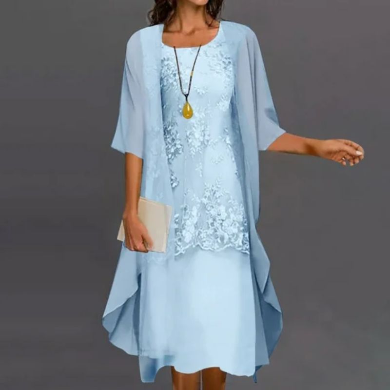 Women's Round Neck Sleeveless Midi Dress with 3/4 Sleeve Cardigan | Two-Piece Dress Set