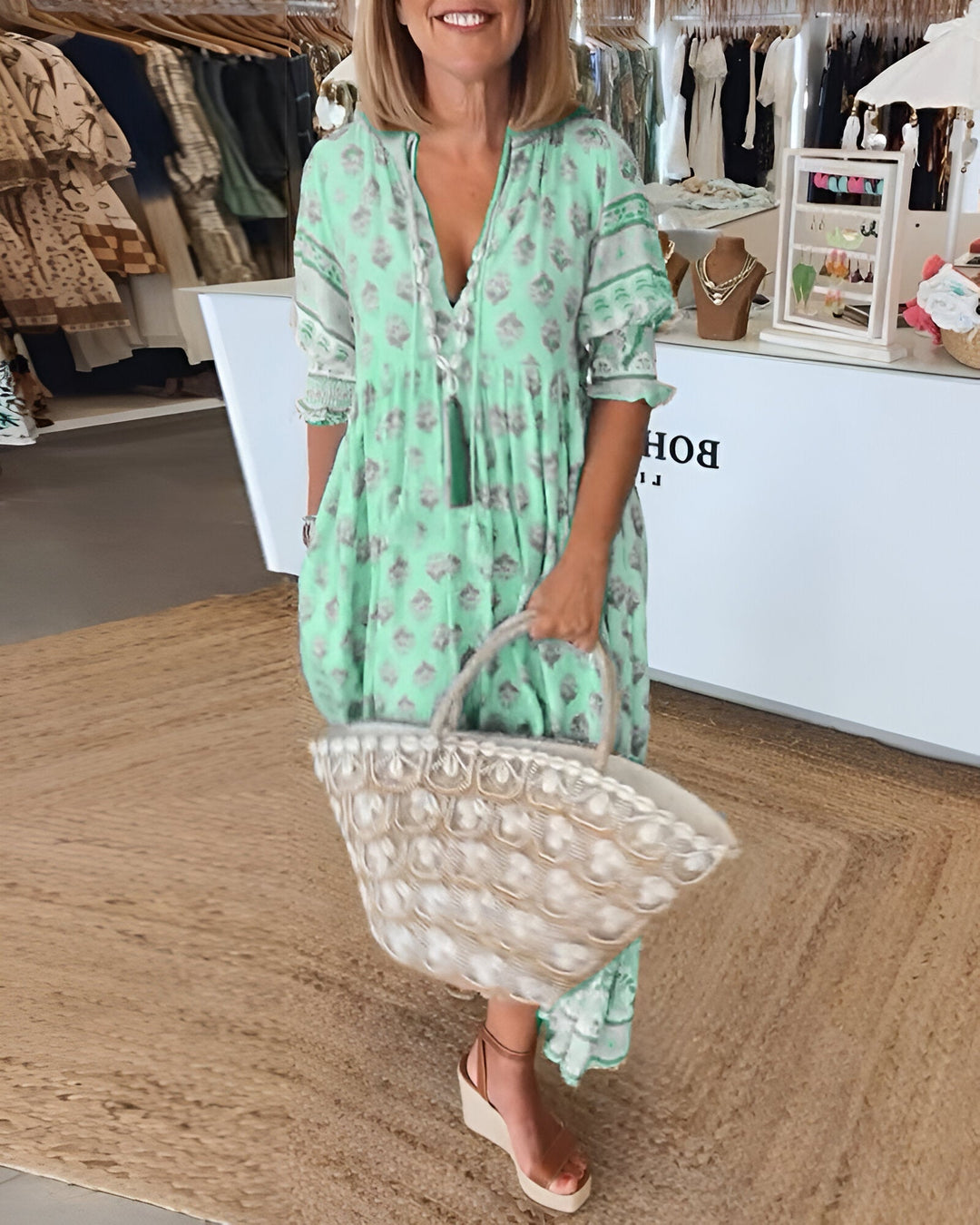Women's V Neck 3/4 Sleeves Boho Style Dress | Maxi