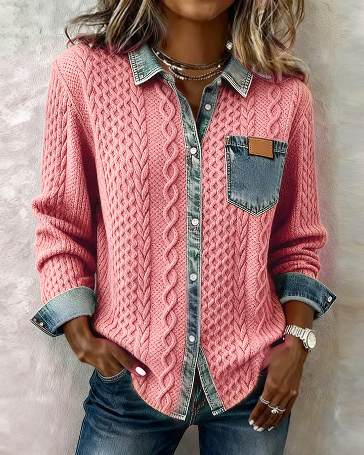 Harper - Chic Knitted Shirt with Denim Details