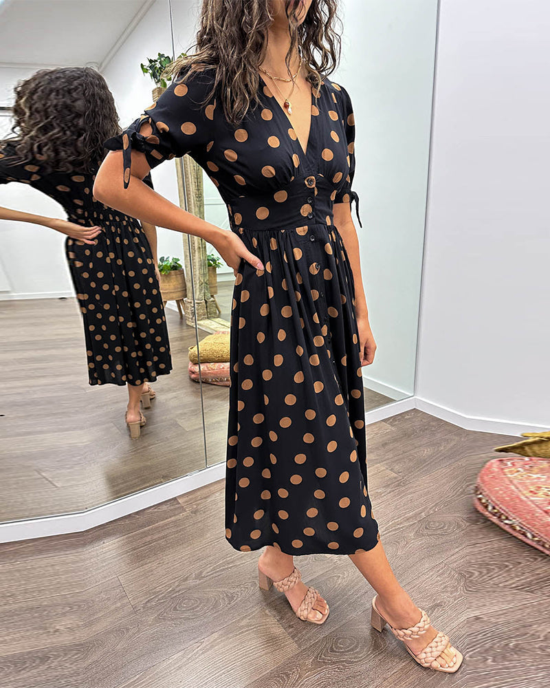 Women's 3/4 Sleeves V-Neck Polka Dot Flared Dress | Midi