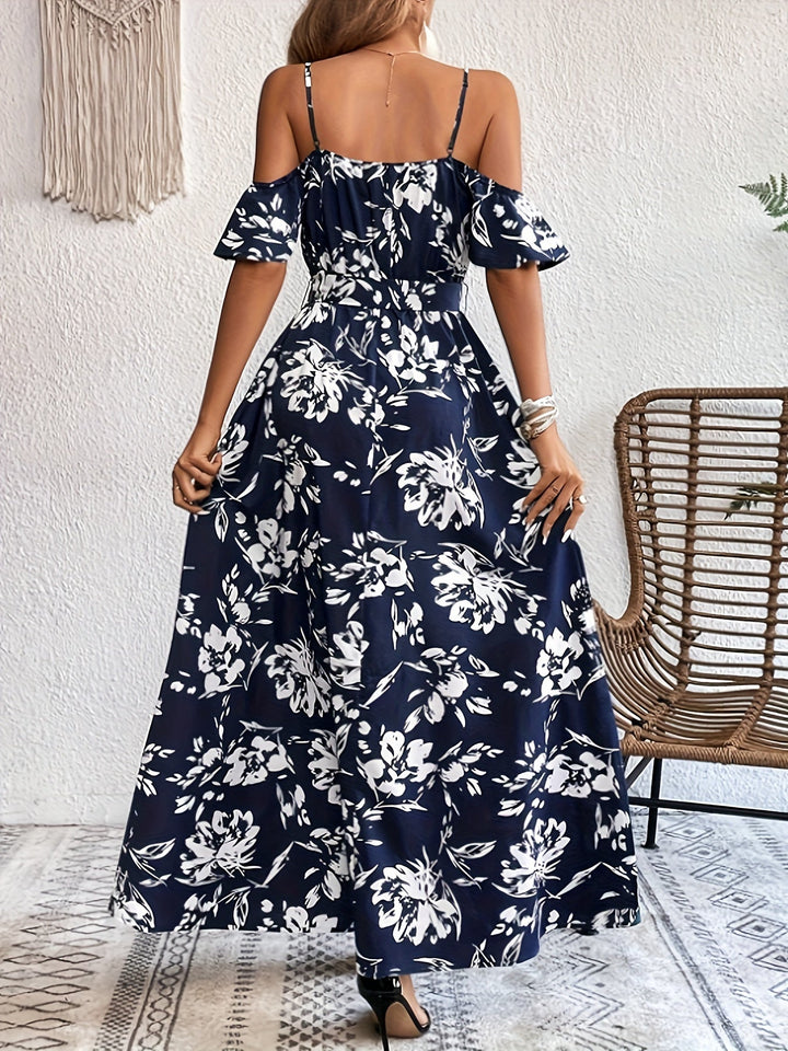 Women's Belt Waist High Slit Floral Print Dress