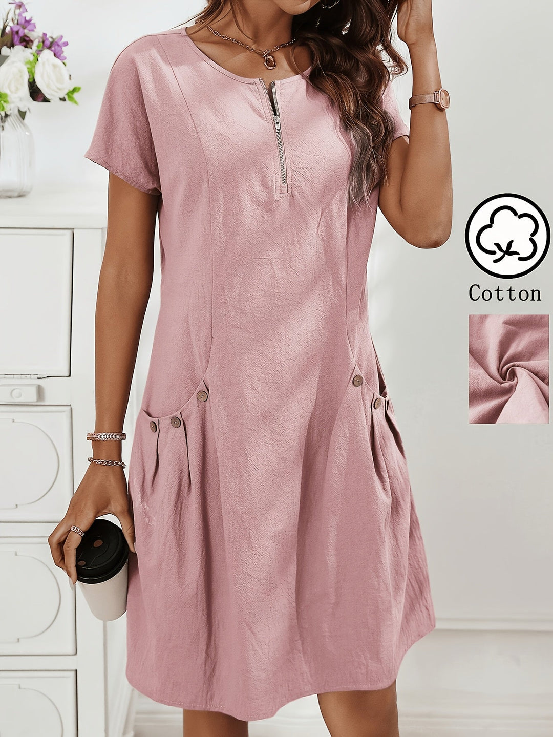 Women's Short Sleeves Zip Neck Summer Casual Dress