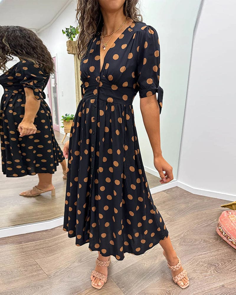 Women's 3/4 Sleeves V-Neck Polka Dot Flared Dress | Midi