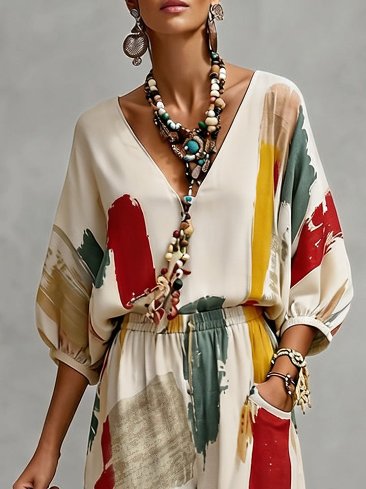 Loose Puff Sleeves Contrast Color Pleated V-Neck Blouses & Shirts Tops