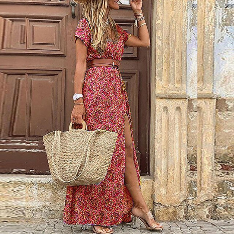 Women's V Neck Short Sleeve Summer Dress with Belt | Maxi
