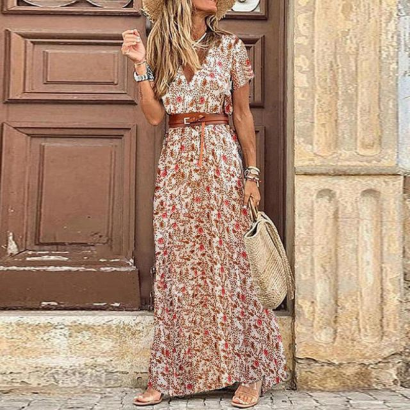 Women's V Neck Short Sleeve Summer Dress with Belt | Maxi