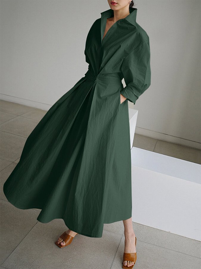 Women's Long Sleeve Formal Dress with Collar | Midi
