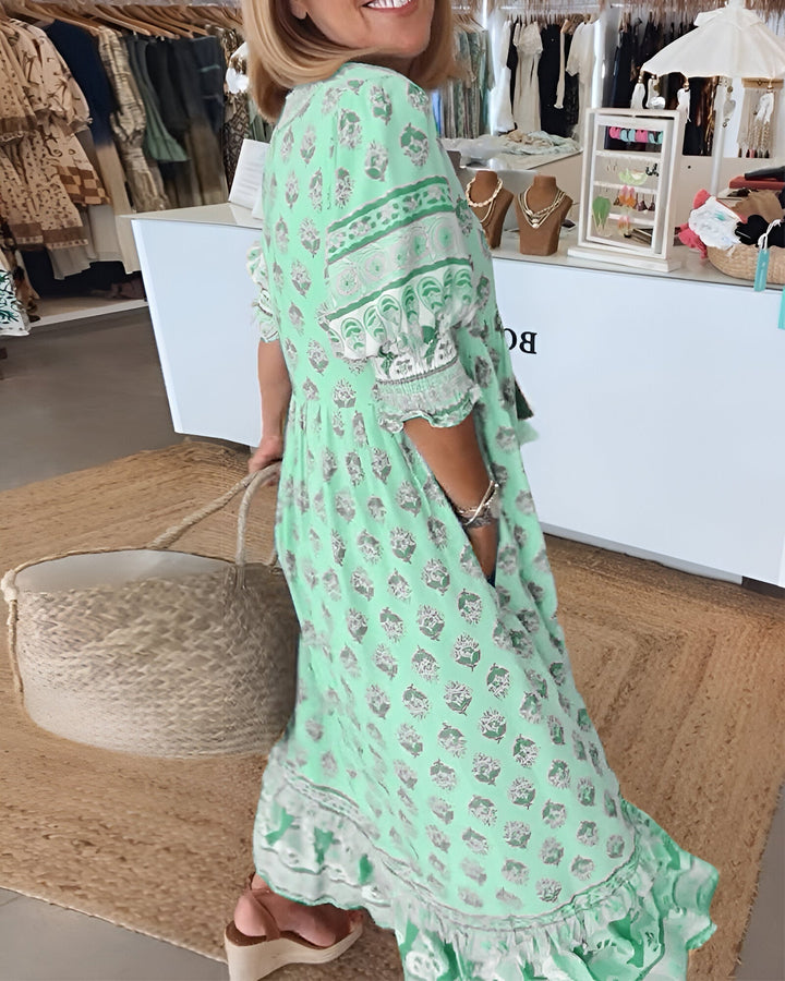 Women's V Neck 3/4 Sleeves Boho Style Dress | Maxi