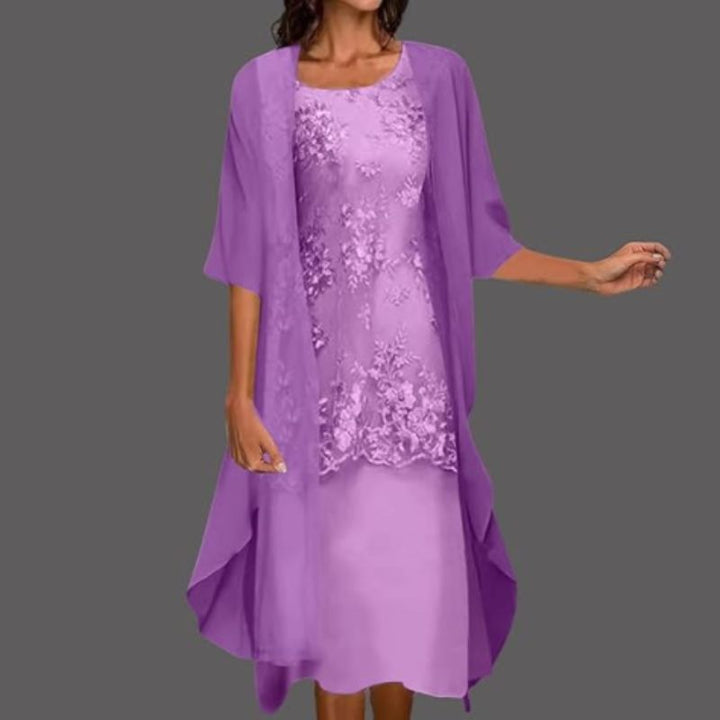 Women's Round Neck Sleeveless Midi Dress with 3/4 Sleeve Cardigan | Two-Piece Dress Set